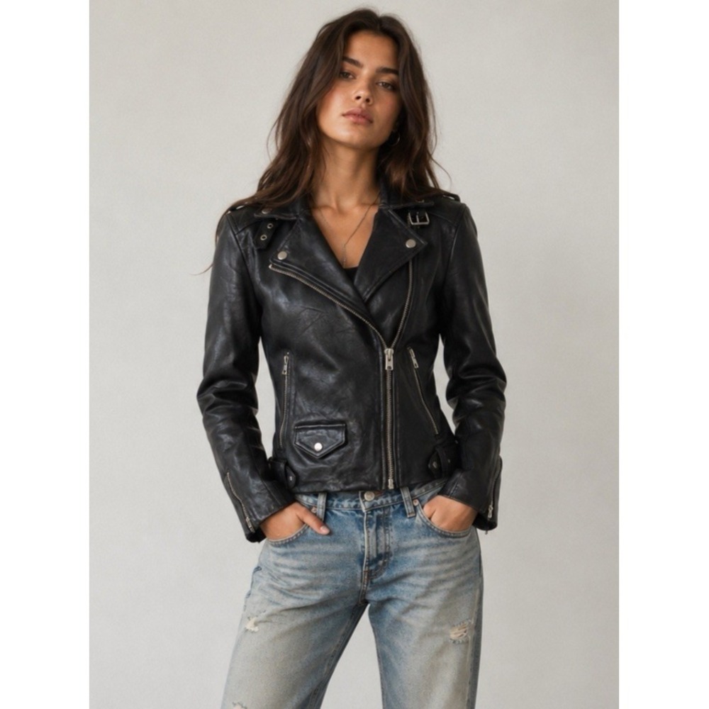 Topshop Real Leather Biker Jacket Black US 4 100% Lambskin Moto Racer Y2K EUC